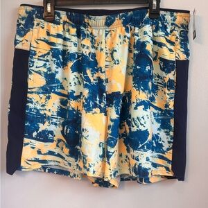 DSG Stride Short in Blue and Yellow Abstract Print w/ built in brief. Sz XL. NWT